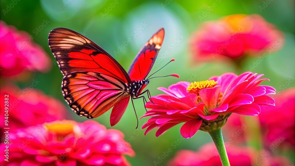 Red butterfly perched delicately on a vibrant pink flower, nature, insect, wildlife, beauty, vibrant, delicate, wings, summer Red butterfly perched delicately on a vibrant pink flower, nature, insect, wildlife, beauty, vibrant, delicate, wings, summer