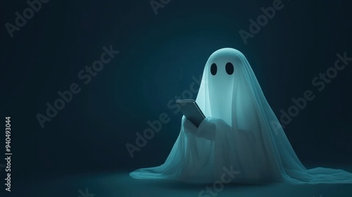 White ghost coming from smartphone. Phishing attack, unwanted advertising, suspicious account activity, ghosting, screen time increase minimalist concept. Happy Halloween postcard. AI generated image photo