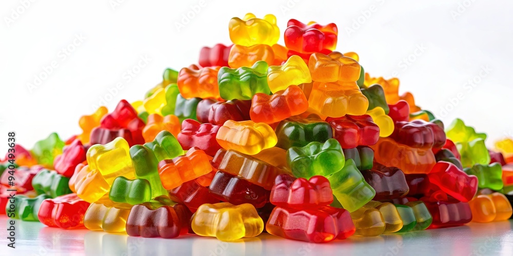 Pile of colorful gummy bears stacked on top of each other, candy, sweet, confectionery, assorted, sugary, snack, multicolored Pile of colorful gummy bears stacked on top of each other, candy, sweet, confectionery, assorted, sugary, snack, multicolored