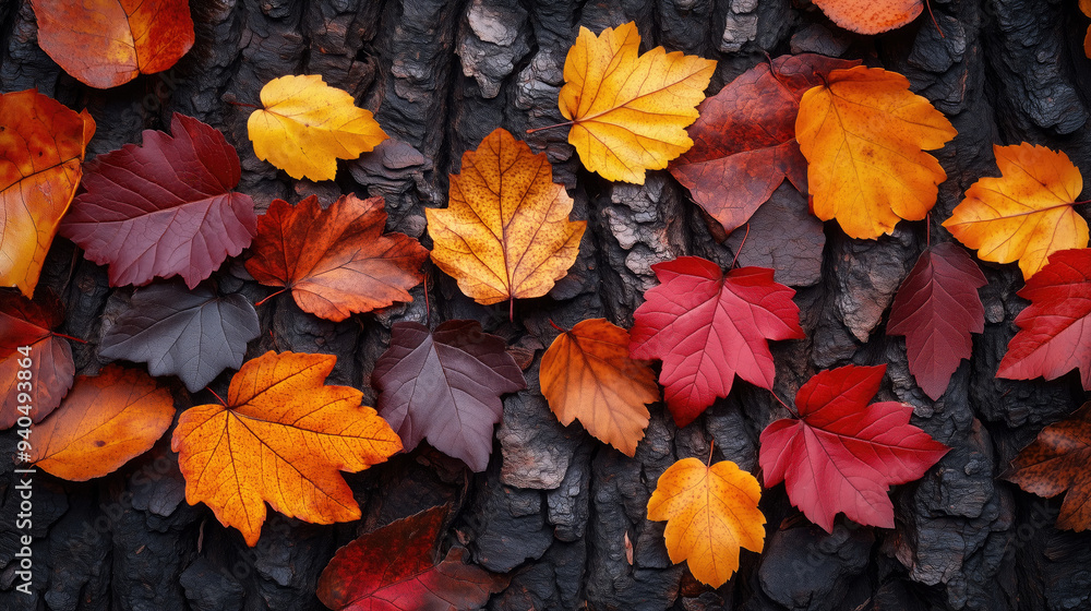 Vibrant maple leaves in red, yellow, and orange on bark Vibrant maple leaves in red, yellow, and orange on bark