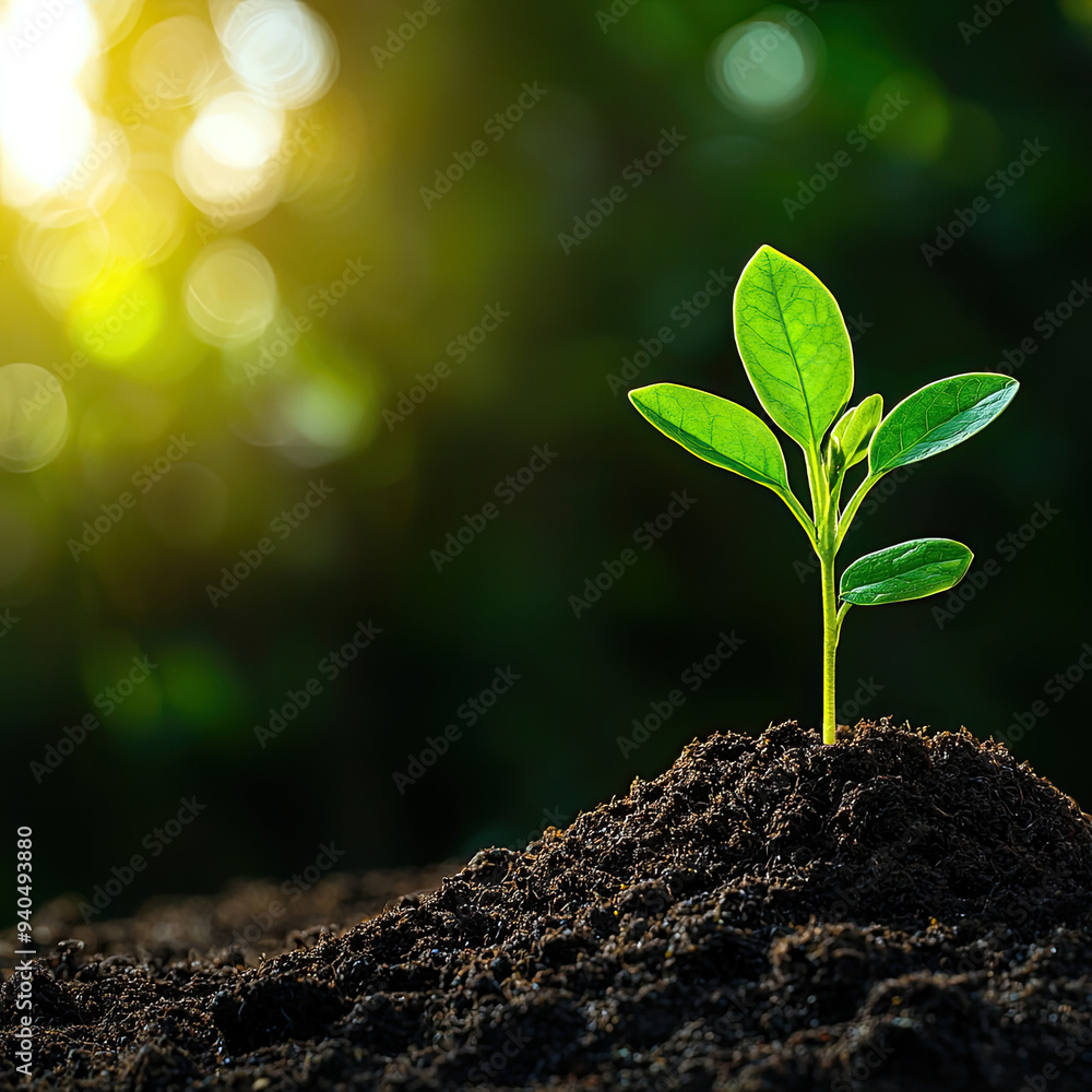 Fototapeta premium A vibrant green seedling emerging from rich soil, symbolizing new growth and the beauty of nature in a sunlit environment.