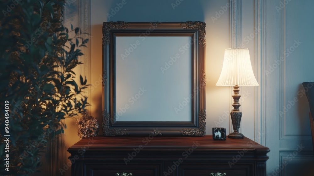 Ornate Picture Frame and Lamp on a Wooden Dresser Ornate Picture Frame and Lamp on a Wooden Dresser
