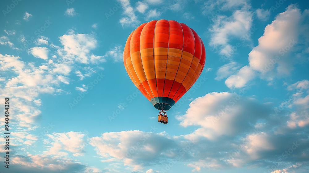 Naklejka premium Colorful hot air balloon soaring in a bright blue sky, symbolizing freedom, adventure, and new perspectives