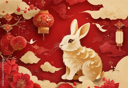Adorable Easter Bunny Rabbit with Big Eyes and Fluffy Fur, Sitting on Red Flowers, Against a Red Background with Chinese Lanterns and Cherry Blossoms