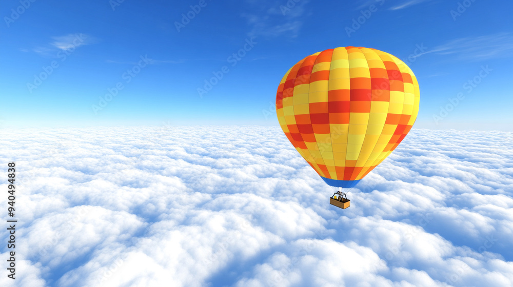 Colorful hot air balloon soaring in a bright blue sky, symbolizing freedom, adventure, and new perspectives Colorful hot air balloon soaring in a bright blue sky, symbolizing freedom, adventure, and new perspectives
