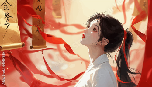 Asian Woman with Red Hair and Red Ribbon, Gazing Upwards