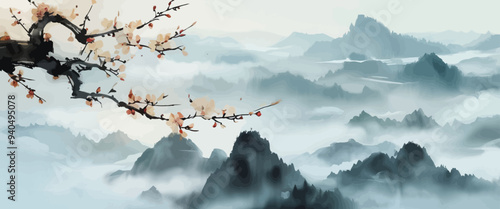 Autumn Leaves on Branches with Mountainous Background