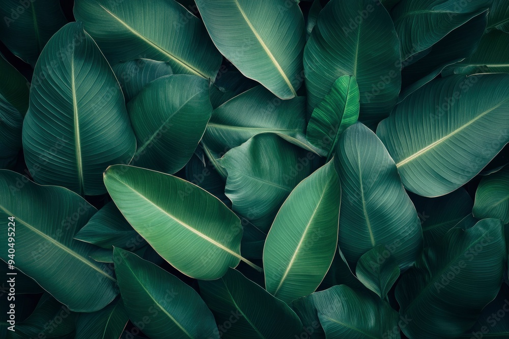 Obraz premium abstract green leaf texture, tropical leaf foliage nature dark green background , ai
