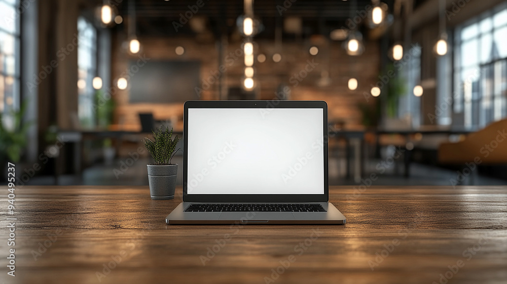 modern workspace with a laptop featuring a blank screen on a bright table, symbolizing creativity and opportunity. Ideal for showcasing digital solutions or tech innovation