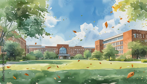Autumnal Campus Scene with Falling Leaves