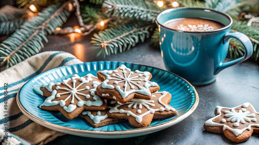 Gingerbread cookies decorated with icing, set on a rustic plate with a cup of hot chocolate Gingerbread cookies decorated with icing, set on a rustic plate with a cup of hot chocolate