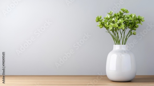 Green Flowers in White Vase on Wooden Table