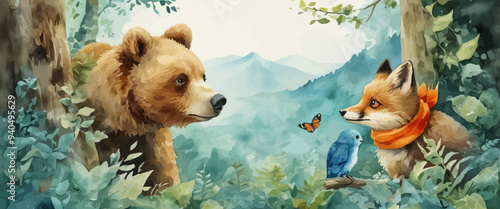 Bear and Fox in a Forest
