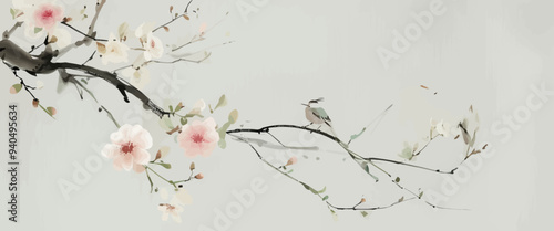 Bird perched on branch with pink flowers