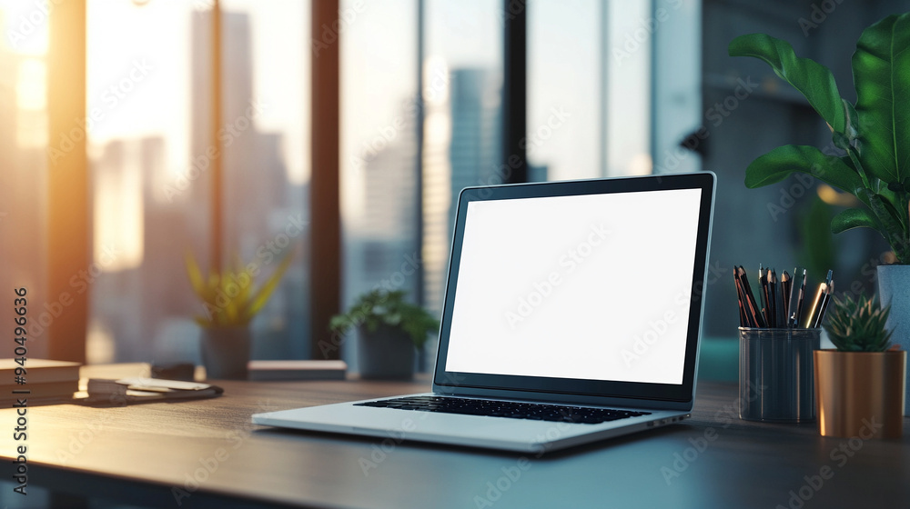 modern workspace with a laptop featuring a blank screen on a bright table, symbolizing creativity and opportunity. Ideal for showcasing digital solutions or tech innovation modern workspace with a laptop featuring a blank screen on a bright table, symbolizing creativity and opportunity. Ideal for showcasing digital solutions or tech innovation