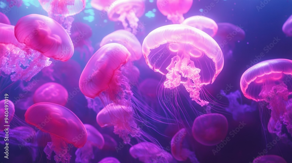 Pink and Purple Jellyfish Swimming in a Deep Blue Aquarium Pink and Purple Jellyfish Swimming in a Deep Blue Aquarium