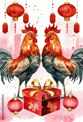 Chinese New Year Celebration: Red Roosters and Lanterns