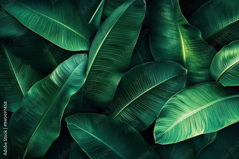 Obraz premium abstract green leaf texture, tropical leaf foliage nature dark green background , ai