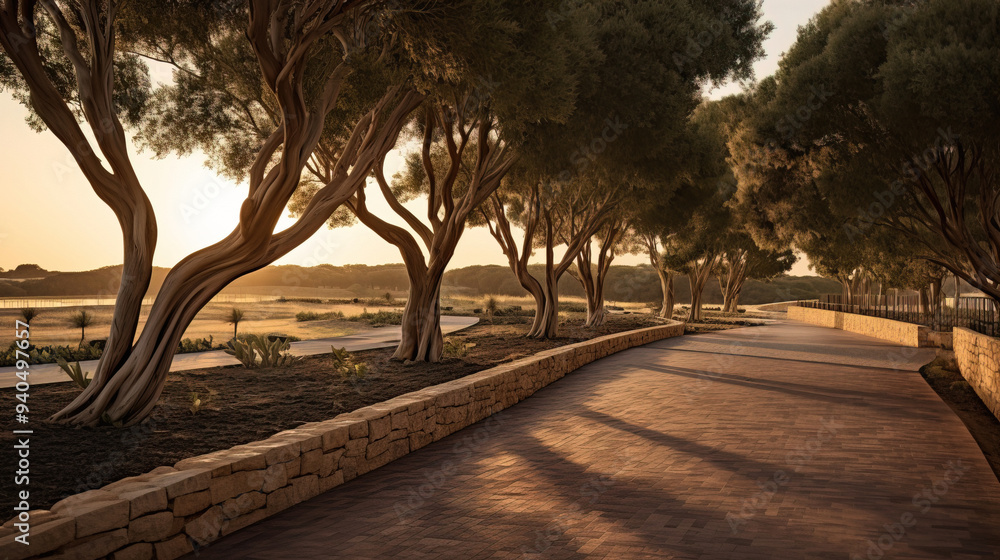 Obraz premium Serene Sunset Landscape with Winding Path and Stone Wall