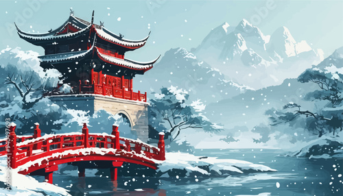 Chinese-style pagoda with snow-covered bridge and mountain backdrop