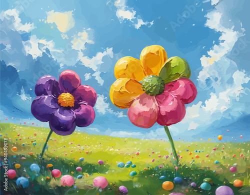 Colorful Flower Field with Easter Eggs