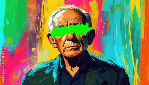Colorful portrait of an older man with green blindfold