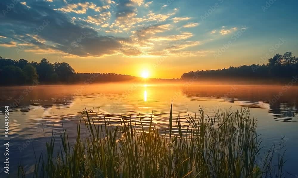 Peaceful Sunrise Over a Misty Lake Peaceful Sunrise Over a Misty Lake