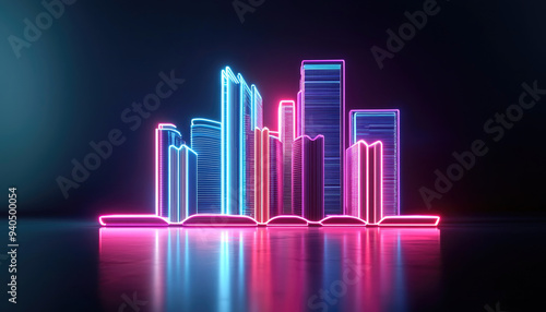 A vibrant neon cityscape combined with an open book, symbolizing knowledge and urban growth in a modern world.