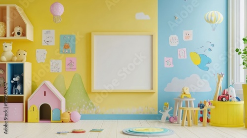 Colorful Playroom Interior with White Frame and Toys