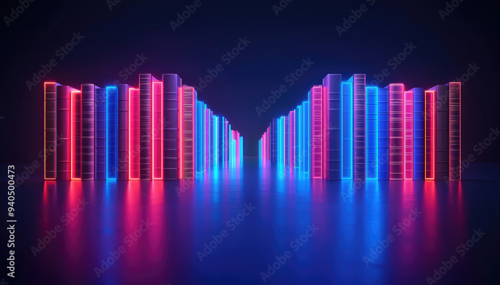 Futuristic neon cityscape with vibrant blue and pink lights reflected on a smooth surface, creating a mesmerizing digital atmosphere. Futuristic neon cityscape with vibrant blue and pink lights reflected on a smooth surface, creating a mesmerizing digital atmosphere.