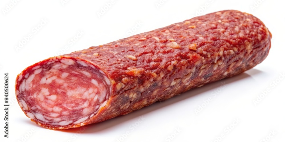 Close-up of Salami Sausage on White Background, Food Photography, Meat, Deli , Salami, Sausage Close-up of Salami Sausage on White Background, Food Photography, Meat, Deli , Salami, Sausage