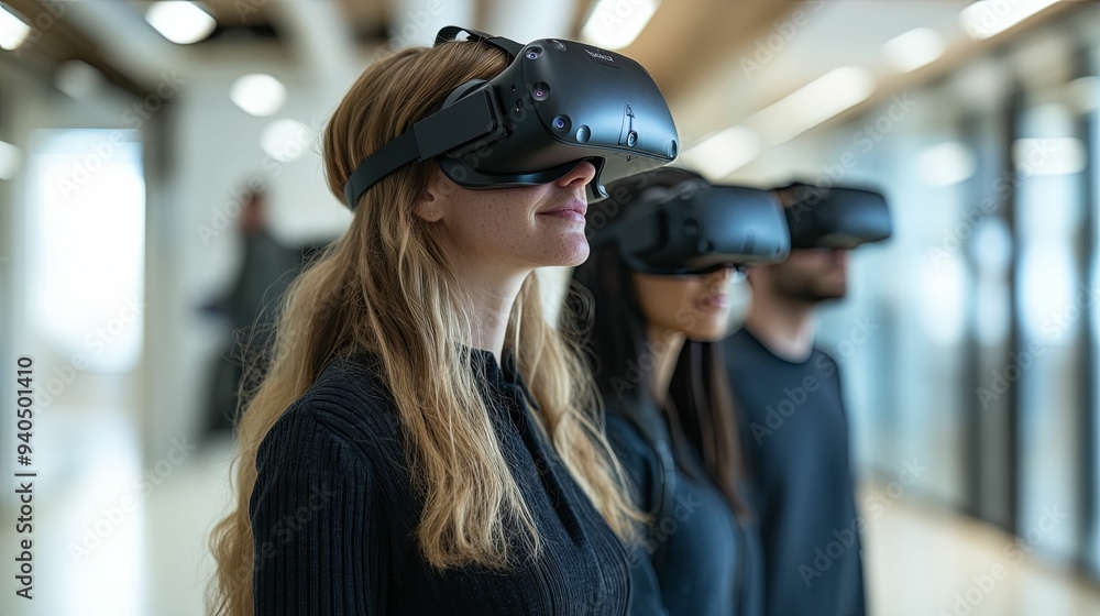 Immersive Virtual Reality Experiences. Cutting-edge technology in action concept Immersive Virtual Reality Experiences. Cutting-edge technology in action concept