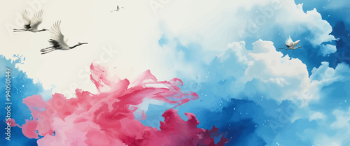 Flaming Pink and Blue Cloudscape with Birds in Flight