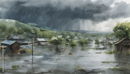 Flooded Village: A Rainy Day in a Rural Community