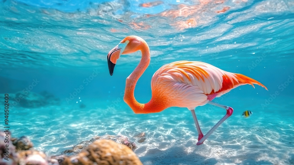Fototapeta premium A flamingo wading in a clear sea, surrounded by tropical fish and coral, highlighting a lively underwater adventure.