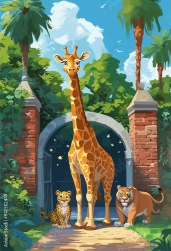Giraffe, Tiger, and Leopard in a Zoo Entrance