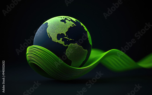 A stylized globe surrounded by green waves, symbolizing sustainability and environmental consciousness for a brighter future. photo