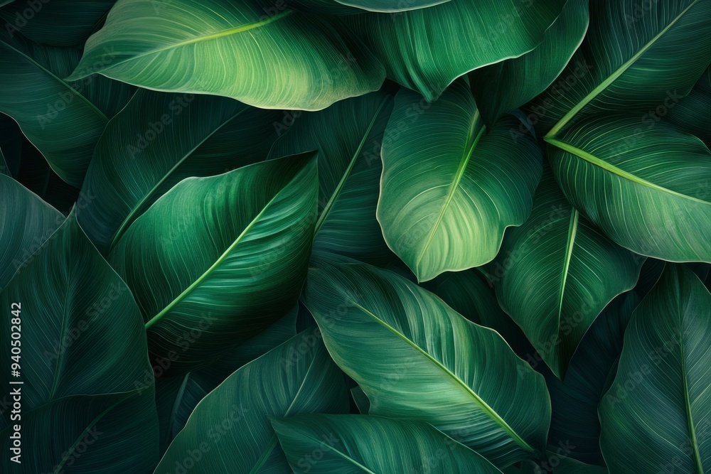 Obraz premium abstract green leaf texture, tropical leaf foliage nature dark green background , ai
