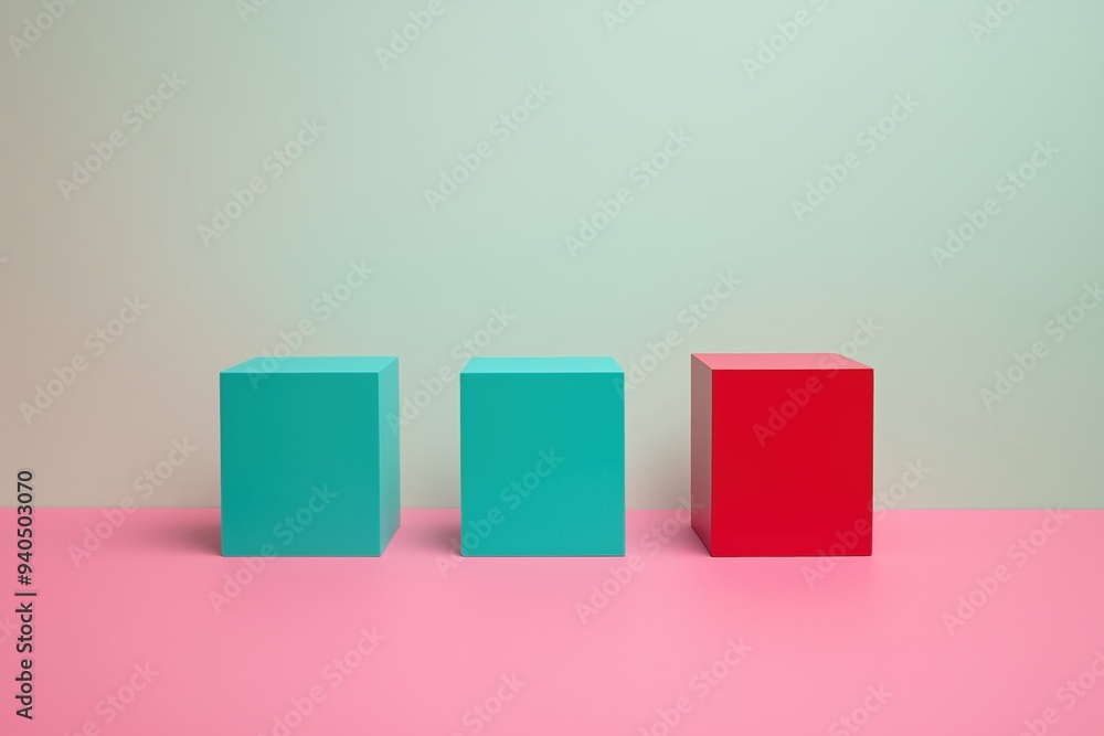 Minimalist Geometric Composition with Vibrant Cubes in Pink Green and Red Tones Minimalist Geometric Composition with Vibrant Cubes in Pink Green and Red Tones