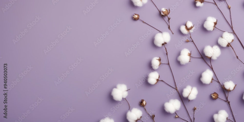 Obraz premium Flat lay of cotton flowers on purple background, white and fluff