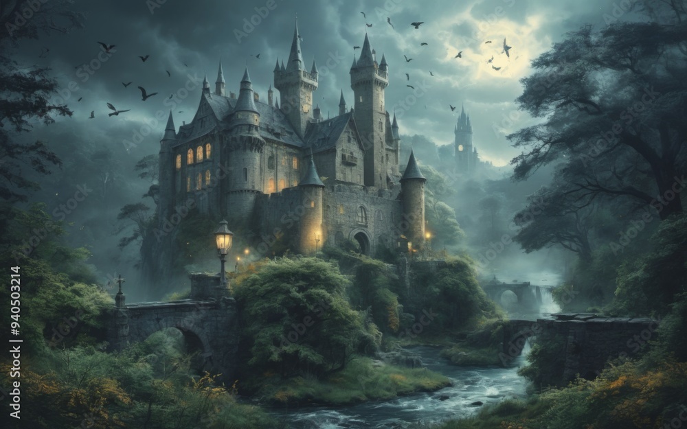 Fantasy landscape with castle, stone structure with arched windo Fantasy landscape with castle, stone structure with arched windo
