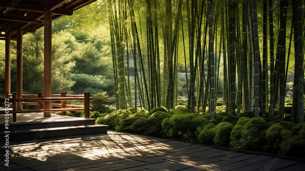 Tranquil Bamboo Forest Pathway in a Japanese Garden