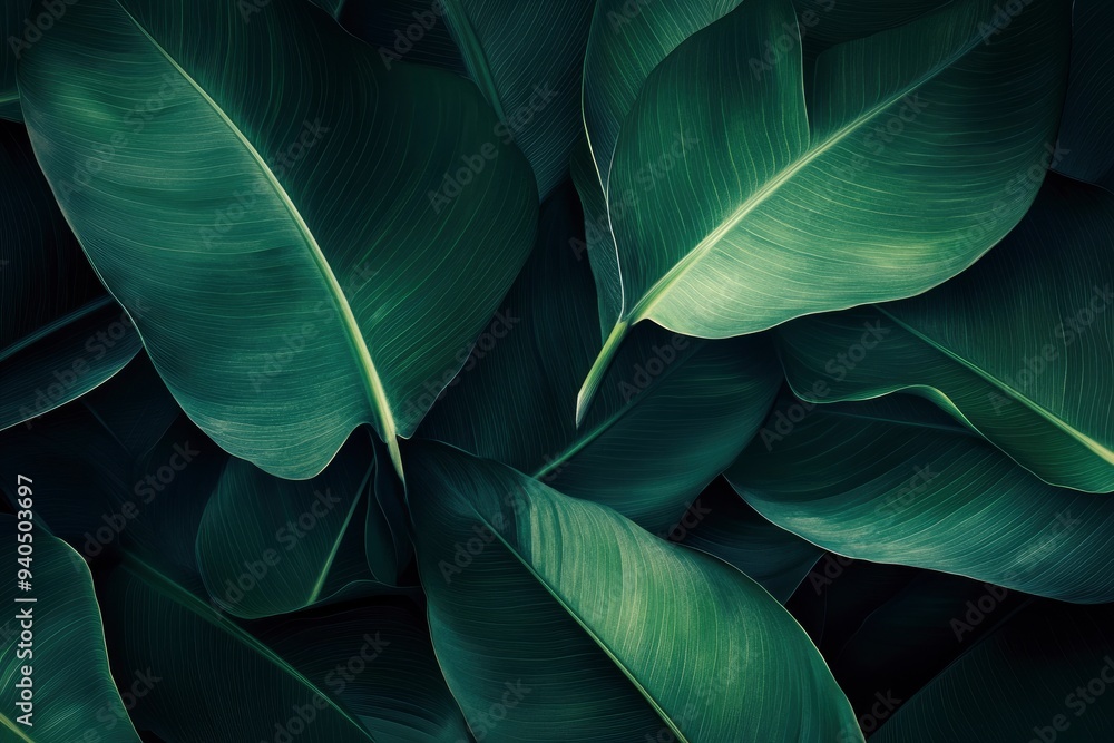 Obraz premium abstract green leaf texture, tropical leaf foliage nature dark green background , ai