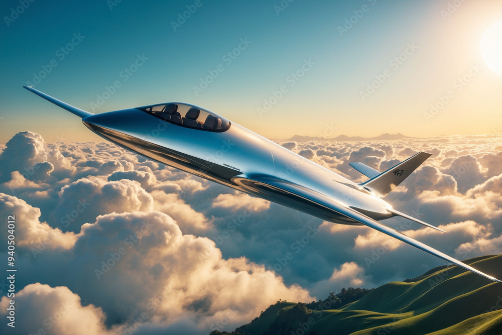 futuristic chrome airplane flying in the sky futuristic chrome airplane flying in the sky