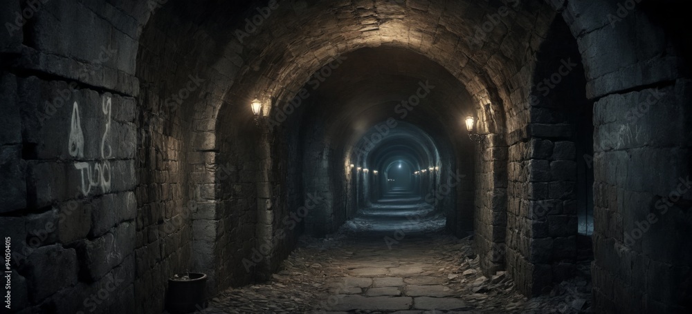 Obraz premium Eerie Tunnel with Stone Arches, Graffiti Walls, and Lit Candles