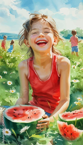 Joyful Childhood Moments: A Little Girl's Smile in a Field of Flowers with Watermelon Slices