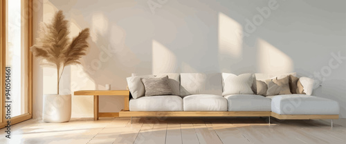 Modern Living Room with White Couch and Wooden Table