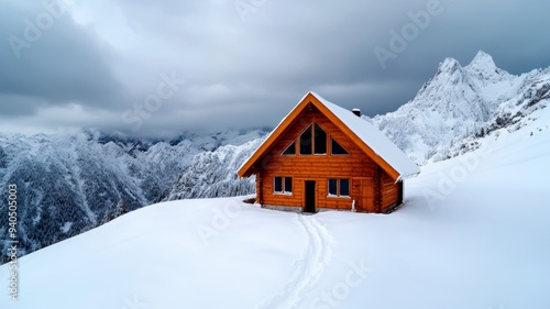 A tranquil wooden cabin nestled in deep snow, surrounded by majestic mountains under a cloudy sky, perfect for winter escape.