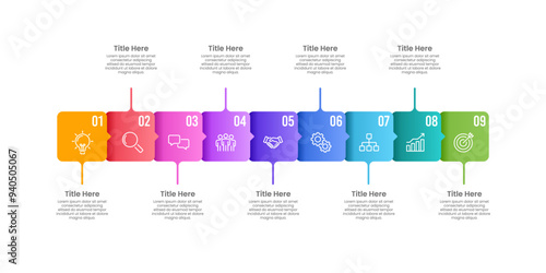 9 milestone of company. Business visualization timeline infographic design template. Business presentation, Marketing, Planning and Annual report. Vector illustration.