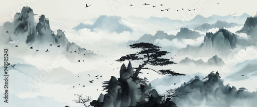 Mystical Mountainous Landscape with a Lone Tree